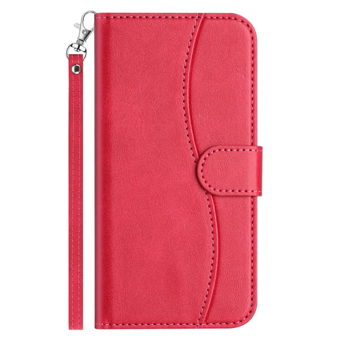 For iPhone 15 Pro Max Stand Case with Strap PU Leather Wallet Phone Cover S Shape Stitching Design - Rose - 5