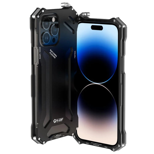 R-JUST Mechanical Armor Metal Phone Case for iPhone 14 Pro Max Shockproof Case Hollow Design Anti-Drop Phone Shell - Black - 1