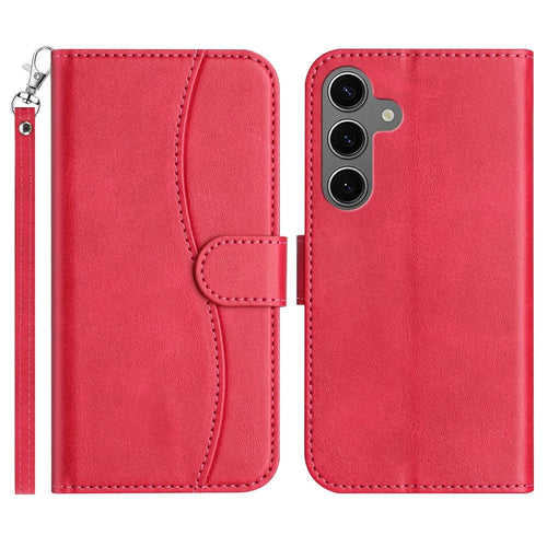 For Samsung Galaxy S25 Stand Case with Strap PU Leather Wallet Phone Cover S Shape Stitching Design - Rose - 1