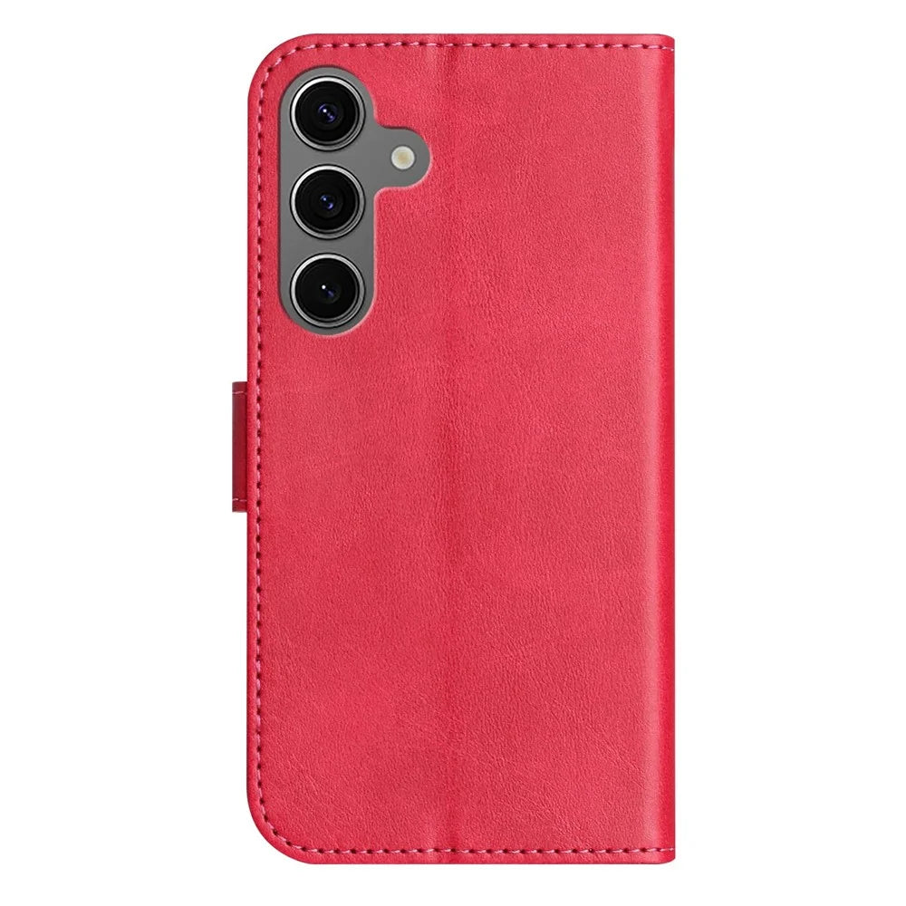 For Samsung Galaxy S25 Stand Case with Strap PU Leather Wallet Phone Cover S Shape Stitching Design - Rose - 6