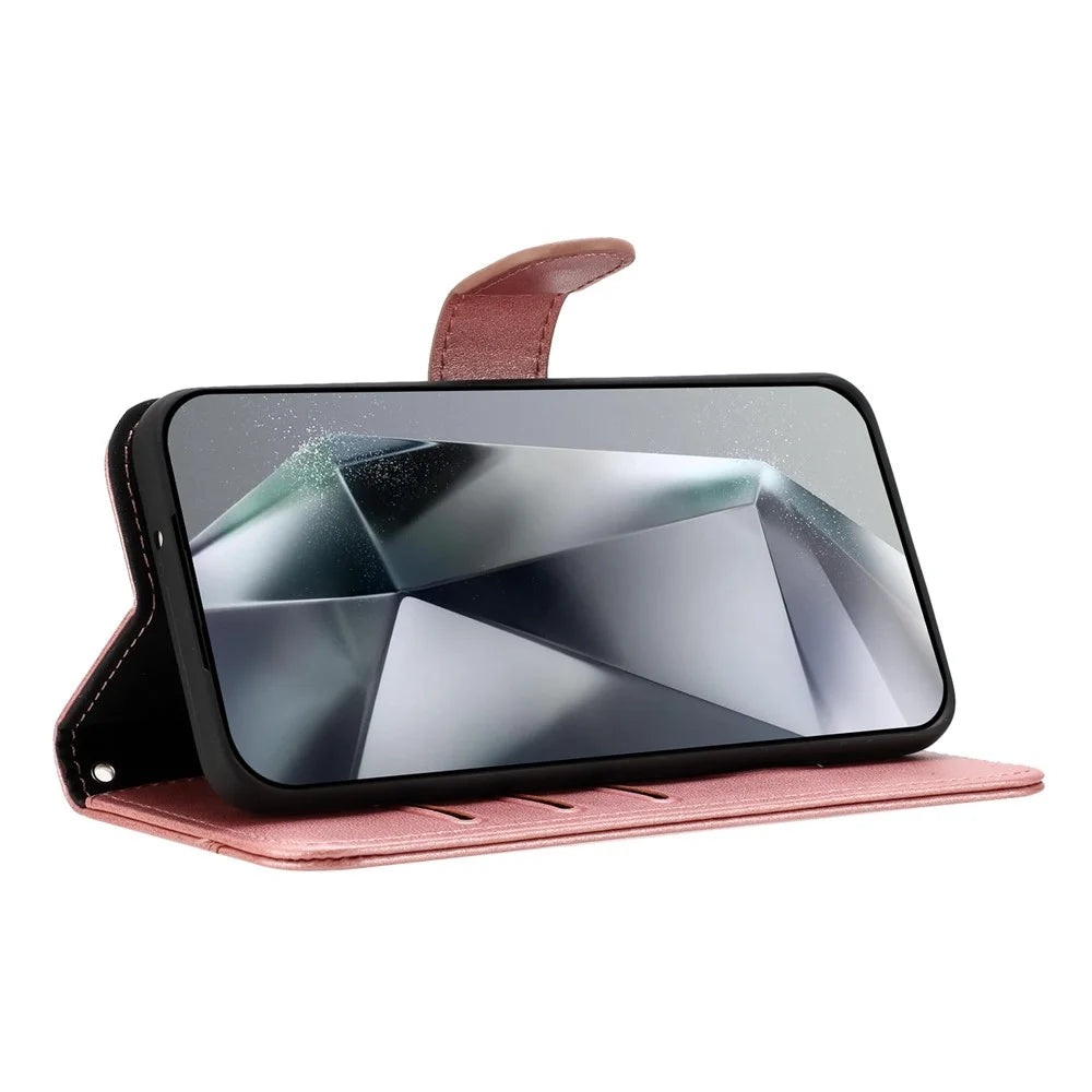For Samsung Galaxy S25+ Stand Case with Strap PU Leather Wallet Phone Cover S Shape Stitching Design - Rose Gold - 2
