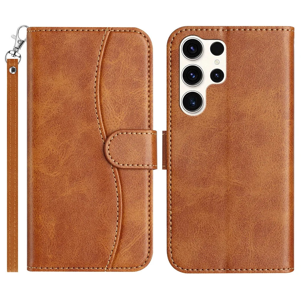 For Samsung Galaxy S25 Ultra Stand Case with Strap PU Leather Wallet Phone Cover S Shape Stitching Design - Brown - 1