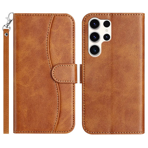 For Samsung Galaxy S25 Ultra Stand Case with Strap PU Leather Wallet Phone Cover S Shape Stitching Design - Brown - 1