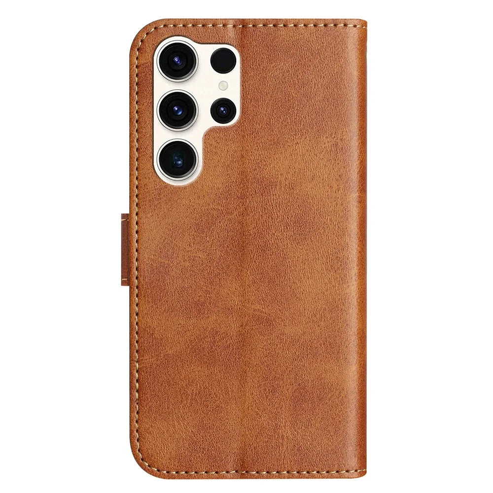 For Samsung Galaxy S25 Ultra Stand Case with Strap PU Leather Wallet Phone Cover S Shape Stitching Design - Brown - 6