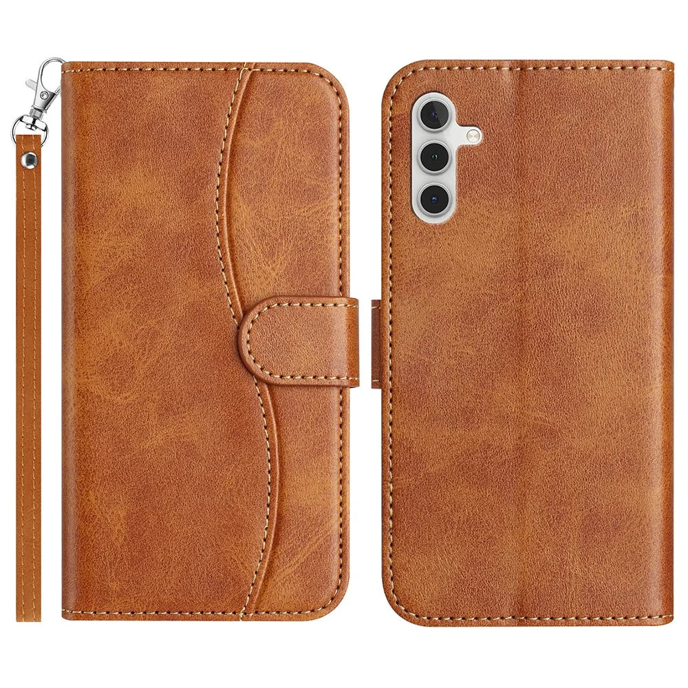 For Samsung Galaxy A36 5G Stand Case with Strap PU Leather Wallet Phone Cover S Shape Stitching Design - Brown - 1