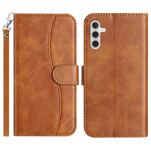 For Samsung Galaxy A36 5G Stand Case with Strap PU Leather Wallet Phone Cover S Shape Stitching Design - Brown - 1