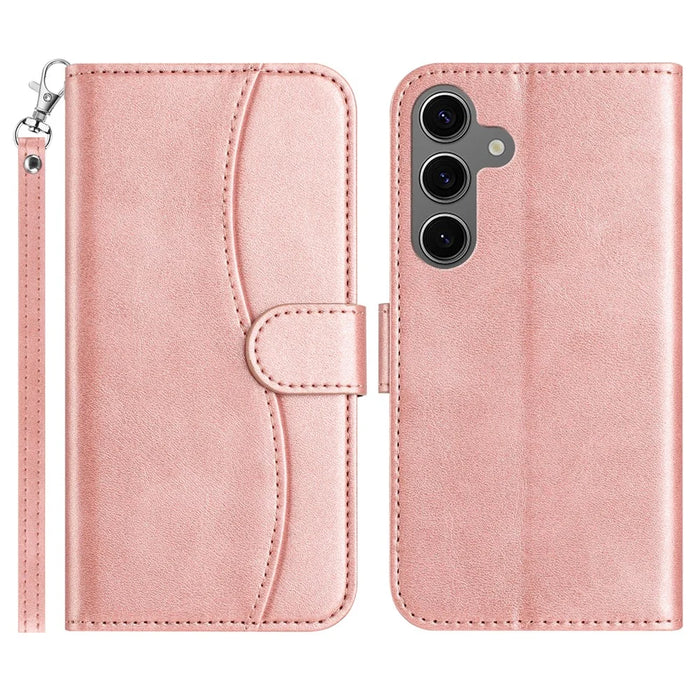 For Samsung Galaxy S24 Stand Case with Strap PU Leather Wallet Phone Cover S Shape Stitching Design - Rose Gold - 1