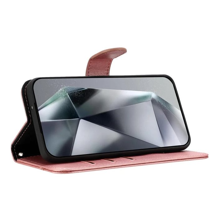 For Samsung Galaxy S24 Stand Case with Strap PU Leather Wallet Phone Cover S Shape Stitching Design - Rose Gold - 2