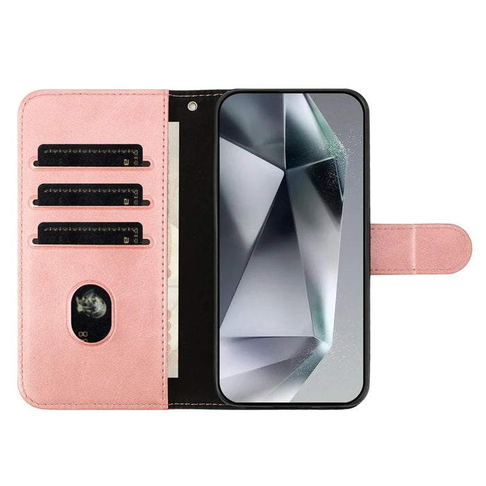 For Samsung Galaxy S24 Stand Case with Strap PU Leather Wallet Phone Cover S Shape Stitching Design - Rose Gold - 3