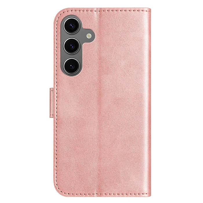 For Samsung Galaxy S24 Stand Case with Strap PU Leather Wallet Phone Cover S Shape Stitching Design - Rose Gold - 6