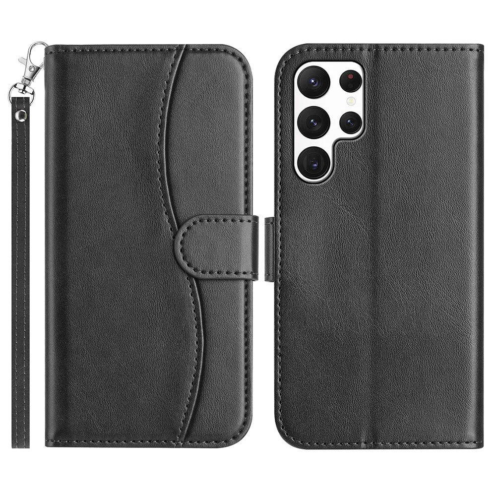 For Samsung Galaxy S24 Ultra Stand Case with Strap PU Leather Wallet Phone Cover S Shape Stitching Design - Black - 1
