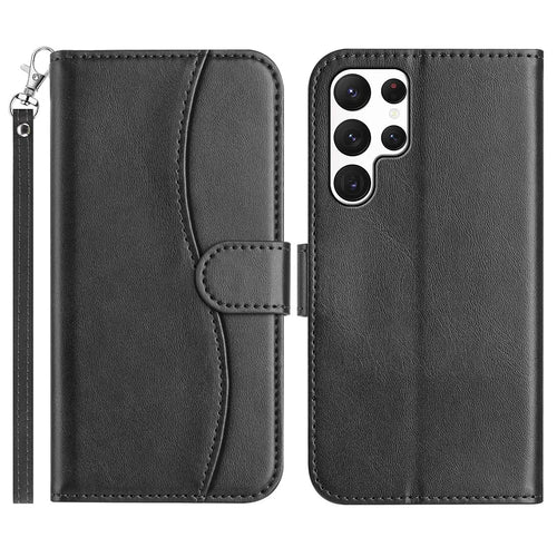For Samsung Galaxy S24 Ultra Stand Case with Strap PU Leather Wallet Phone Cover S Shape Stitching Design - Black - 1