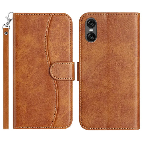 For Sony Xperia 10 VI Stand Case with Strap PU Leather Wallet Phone Cover S Shape Stitching Design - Brown - 1