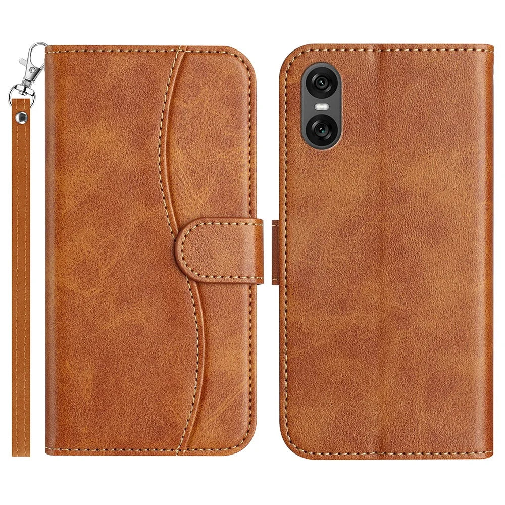 For Sony Xperia 10 VI Stand Case with Strap PU Leather Wallet Phone Cover S Shape Stitching Design - Brown - 1
