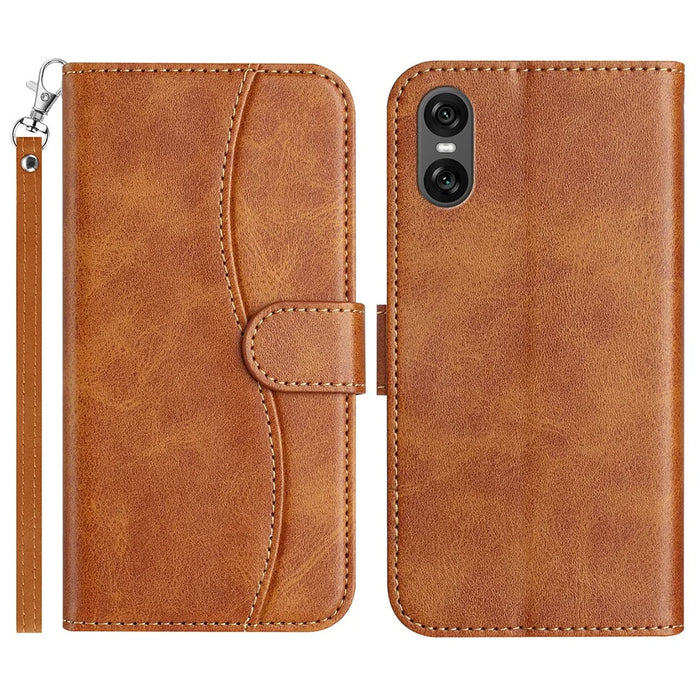 For Sony Xperia 10 VI Stand Case with Strap PU Leather Wallet Phone Cover S Shape Stitching Design - Brown - 1