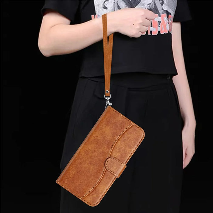 For Sony Xperia 10 VI Stand Case with Strap PU Leather Wallet Phone Cover S Shape Stitching Design - Brown - 4