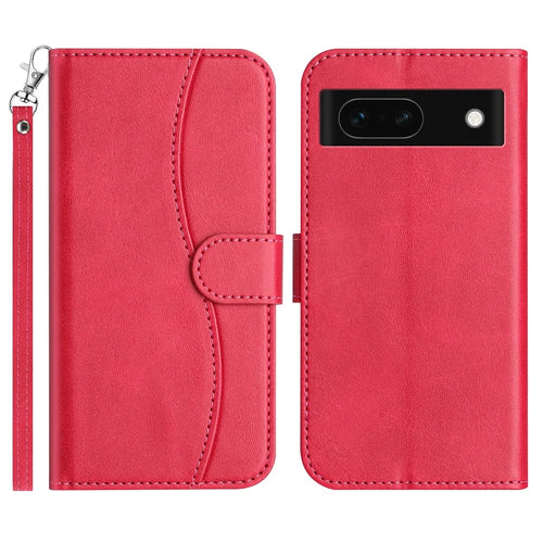 For Google Pixel 8a Stand Case with Strap PU Leather Wallet Phone Cover S Shape Stitching Design - Rose - 1