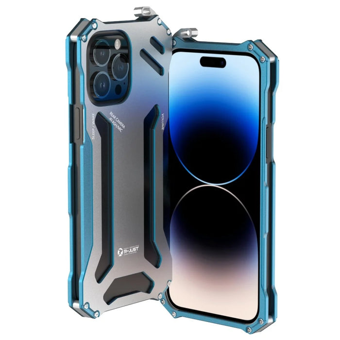 R-JUST Mechanical Armor Metal Shockproof Case for iPhone 14 Pro Anti-Fall Phone Shell Hollow Design Phone Protector - Blue - 1