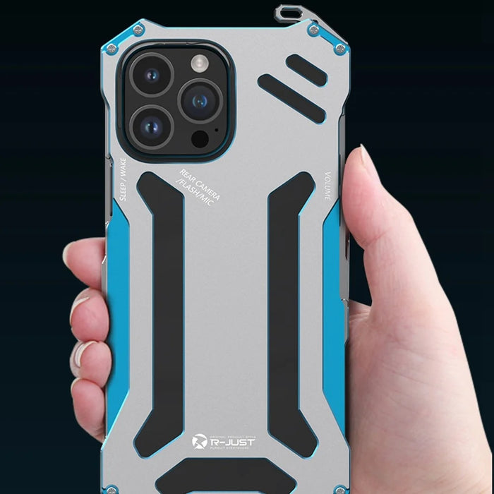 R-JUST Mechanical Armor Metal Shockproof Case for iPhone 14 Pro Anti-Fall Phone Shell Hollow Design Phone Protector - Blue - 4