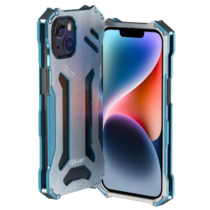 R-JUST Mechanical Armor Metal Phone Shell for iPhone 14 Plus Hollow Design Case Anti-Fall Shockproof Phone Shell - Blue - 1