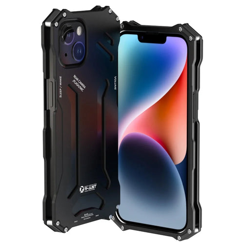 R-JUST Mechanical Armor Metal Case for iPhone 14 Anti-Drop Phone Cover Hollow Design Shockproof Shell - Black - 1