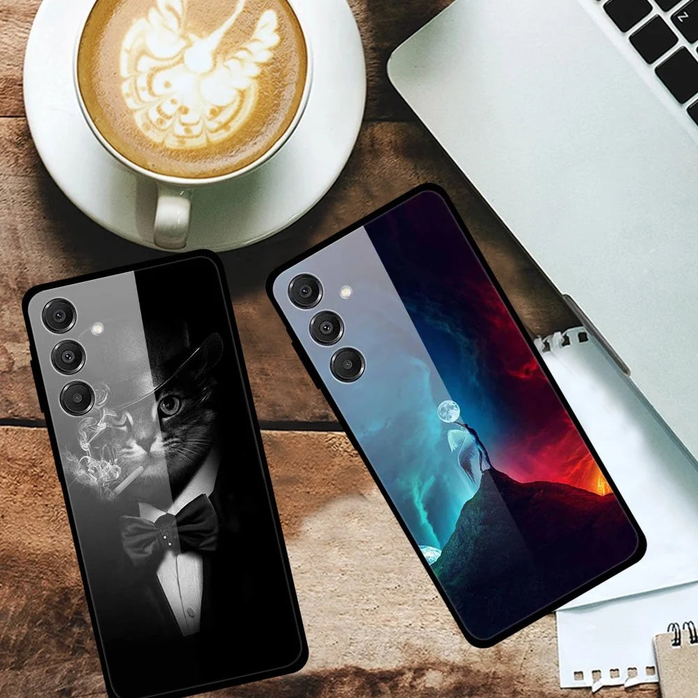 For Samsung Galaxy A16 5G / 4G Case Stylish Pattern PC+TPU+Tempered Glass Cell Phone Cover - Angel  /  Moon - 2
