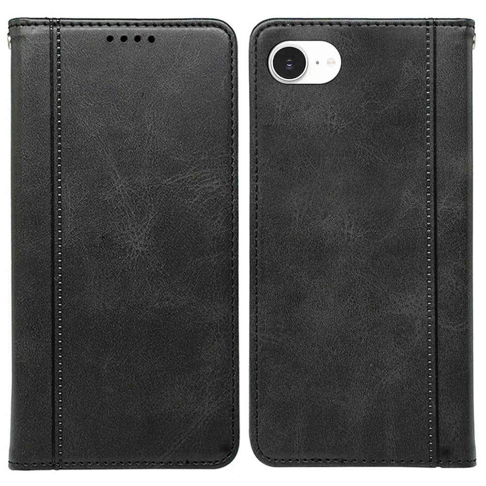 For iPhone 17e / 16e Case Hidden Magnetic Closure Calf Texture Leather Phone Cover - Black - 1