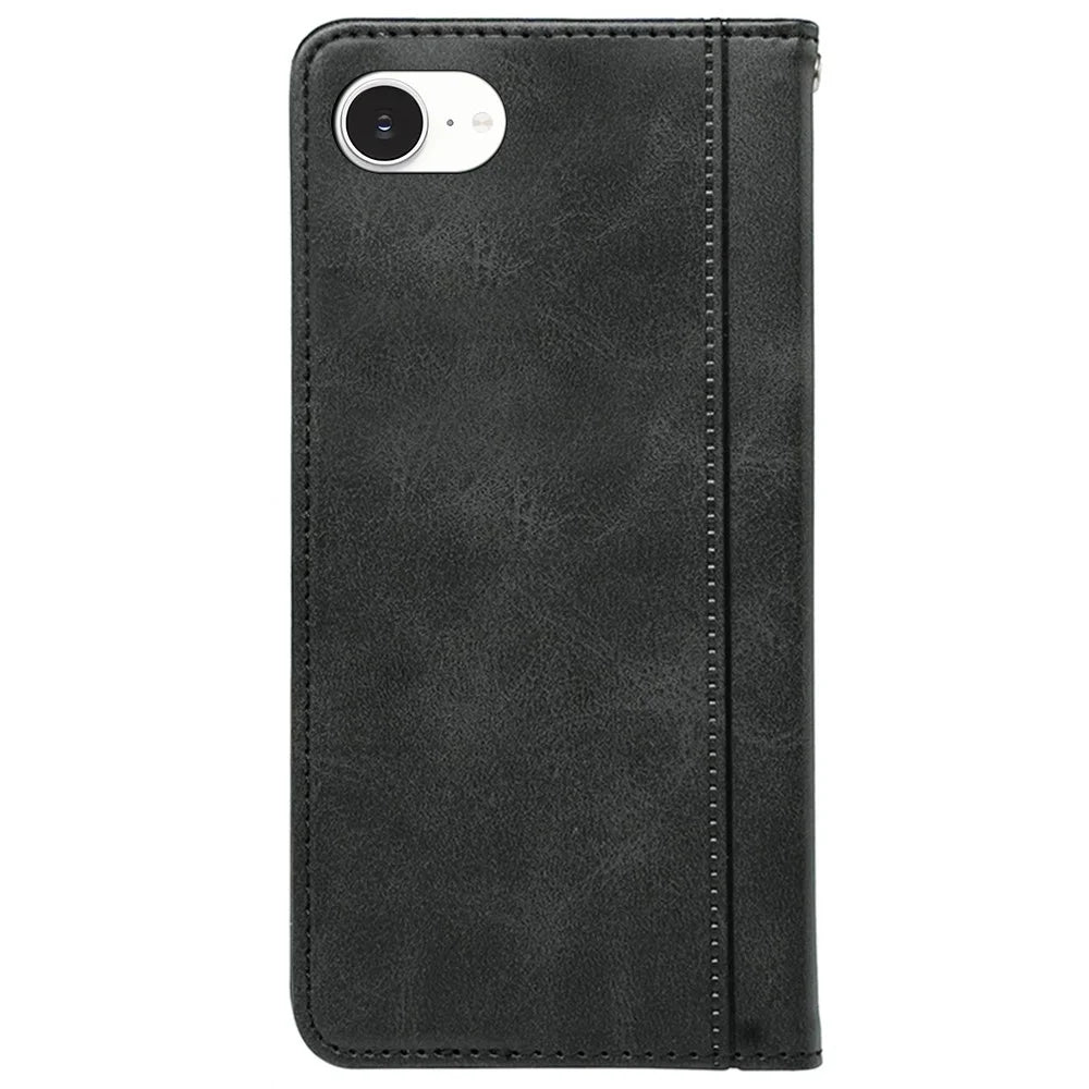 For iPhone 17e / 16e Case Hidden Magnetic Closure Calf Texture Leather Phone Cover - Black - 5