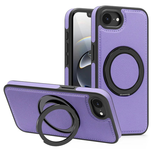 For iPhone 17e / 16e Case with Ring Kickstand Compatible with MagSafe PU Leather Back Cover - Purple - 1