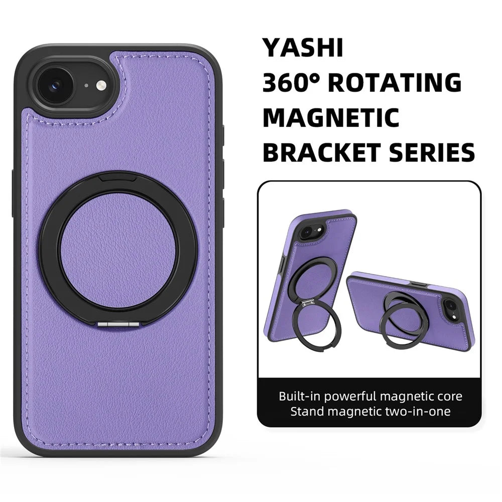 For iPhone 17e / 16e Case with Ring Kickstand Compatible with MagSafe PU Leather Back Cover - Purple - 2