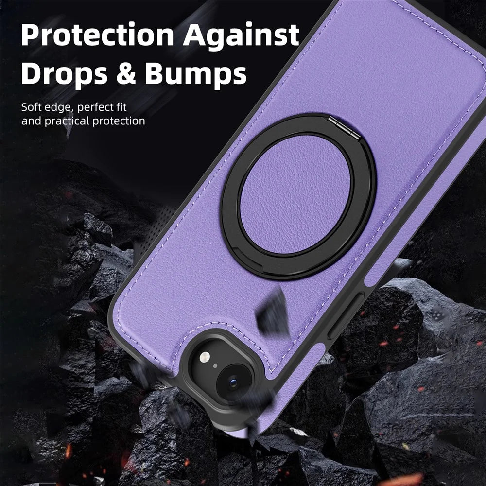 For iPhone 17e / 16e Case with Ring Kickstand Compatible with MagSafe PU Leather Back Cover - Purple - 3
