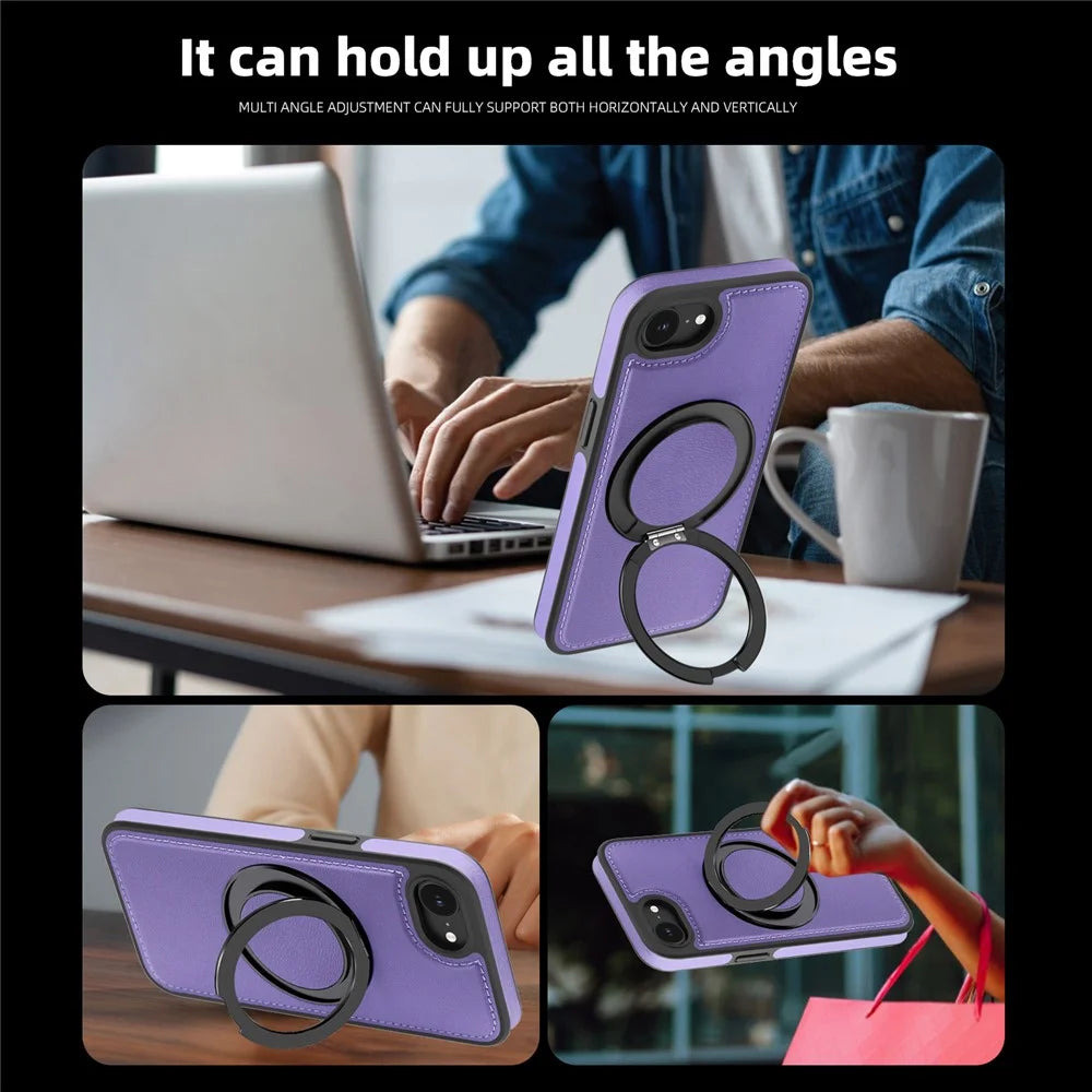 For iPhone 17e / 16e Case with Ring Kickstand Compatible with MagSafe PU Leather Back Cover - Purple - 4
