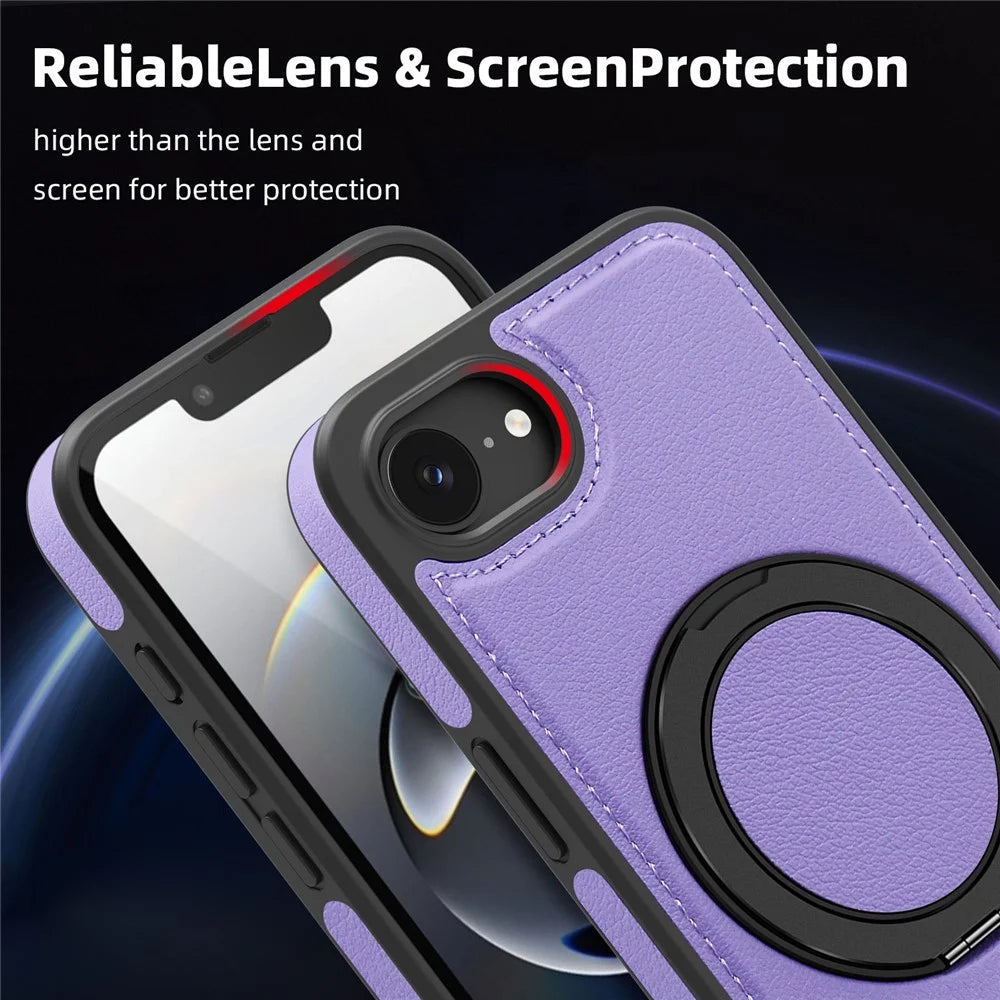 For iPhone 17e / 16e Case with Ring Kickstand Compatible with MagSafe PU Leather Back Cover - Purple - 5