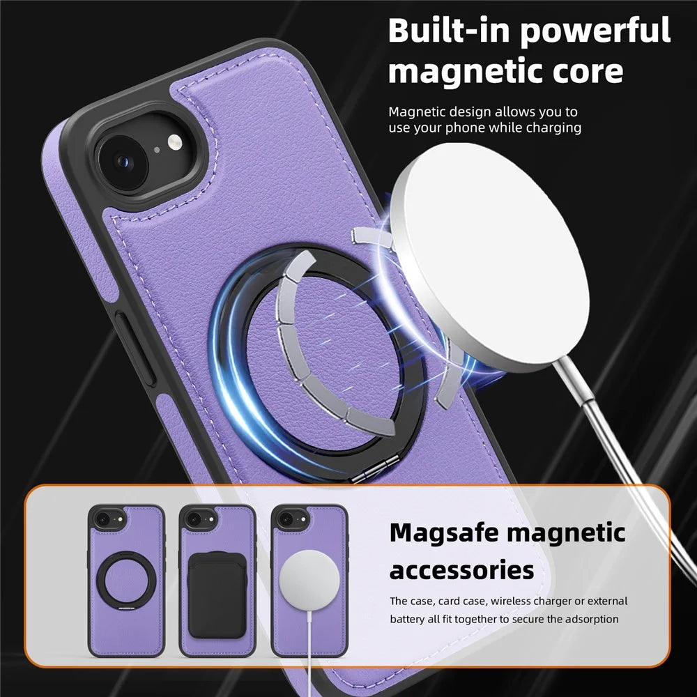 For iPhone 17e / 16e Case with Ring Kickstand Compatible with MagSafe PU Leather Back Cover - Purple - 6