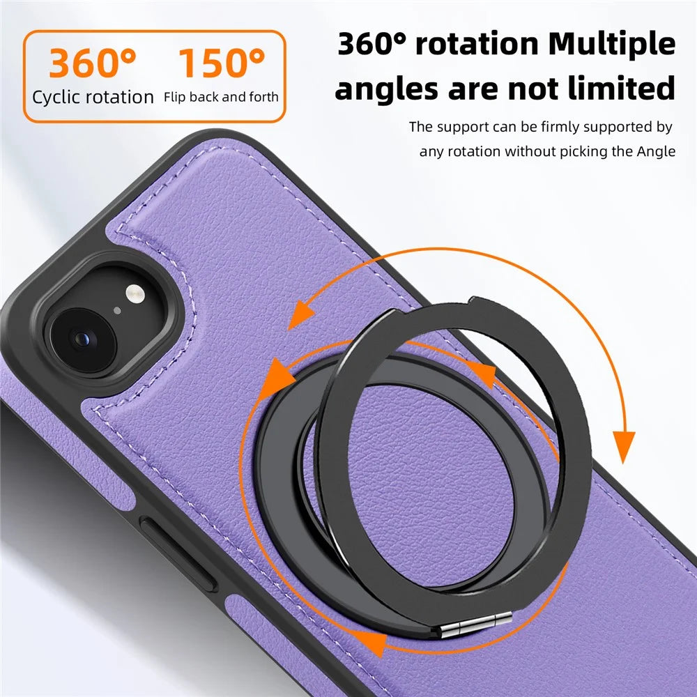 For iPhone 17e / 16e Case with Ring Kickstand Compatible with MagSafe PU Leather Back Cover - Purple - 7