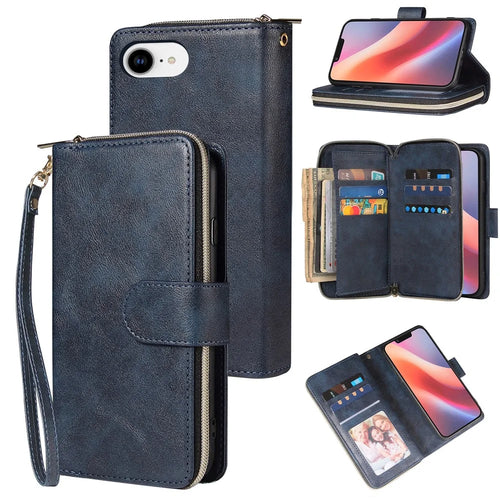 For iPhone 17e / 16e Case Zipper Pocket PU Leather Phone Cover with Hand Strap - Blue - 1