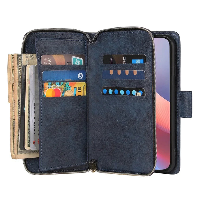 For iPhone 17e / 16e Case Zipper Pocket PU Leather Phone Cover with Hand Strap - Blue - 2
