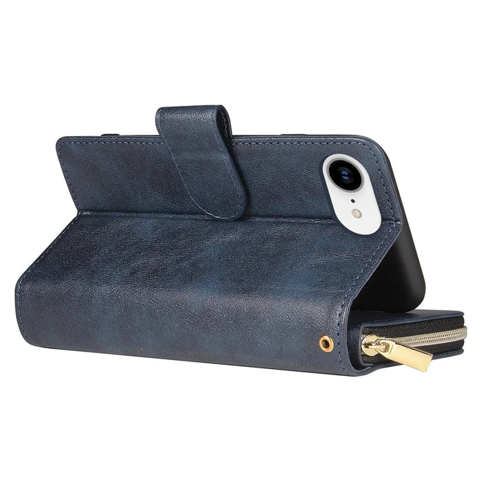 For iPhone 17e / 16e Case Zipper Pocket PU Leather Phone Cover with Hand Strap - Blue - 4