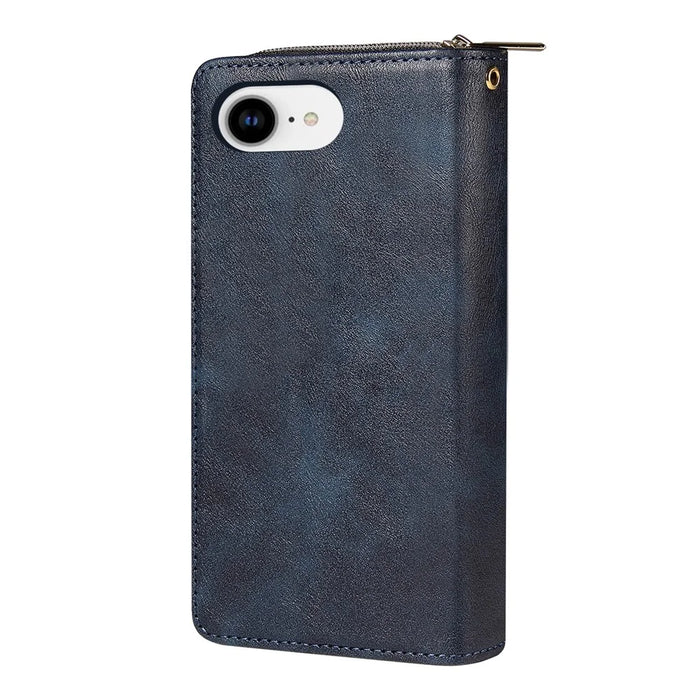 For iPhone 17e / 16e Case Zipper Pocket PU Leather Phone Cover with Hand Strap - Blue - 6