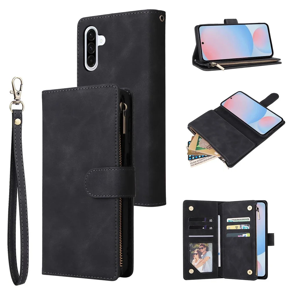 For Samsung Galaxy A56 5G Case Zipper Wallet Multiple Card Slots Leather Phone Cover - Black - 1