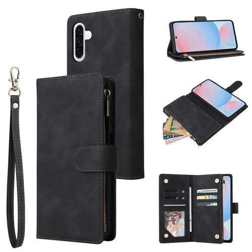 For Samsung Galaxy A56 5G Case Zipper Wallet Multiple Card Slots Leather Phone Cover - Black - 1