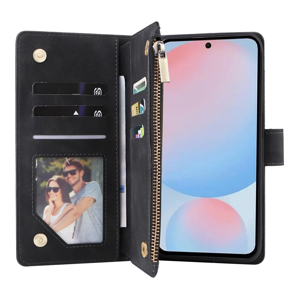 For Samsung Galaxy A56 5G Case Zipper Wallet Multiple Card Slots Leather Phone Cover - Black - 2
