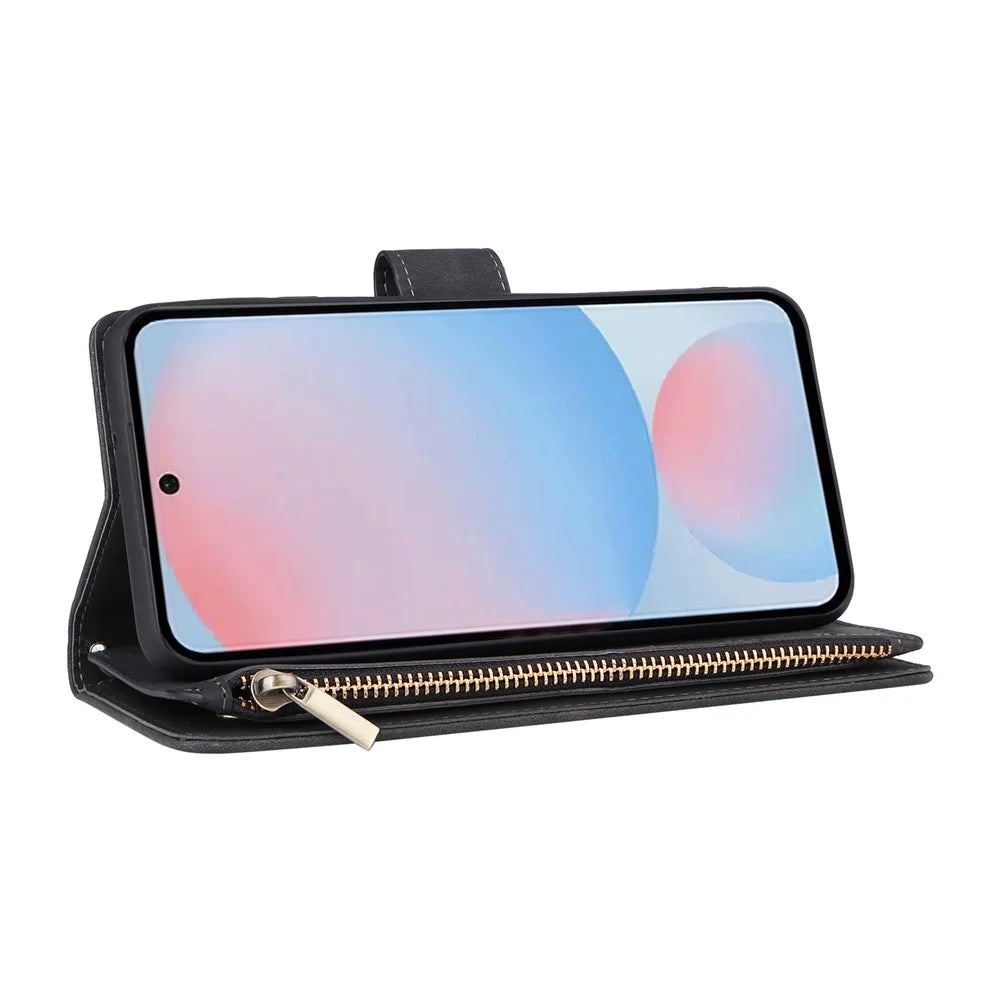 For Samsung Galaxy A56 5G Case Zipper Wallet Multiple Card Slots Leather Phone Cover - Black - 4
