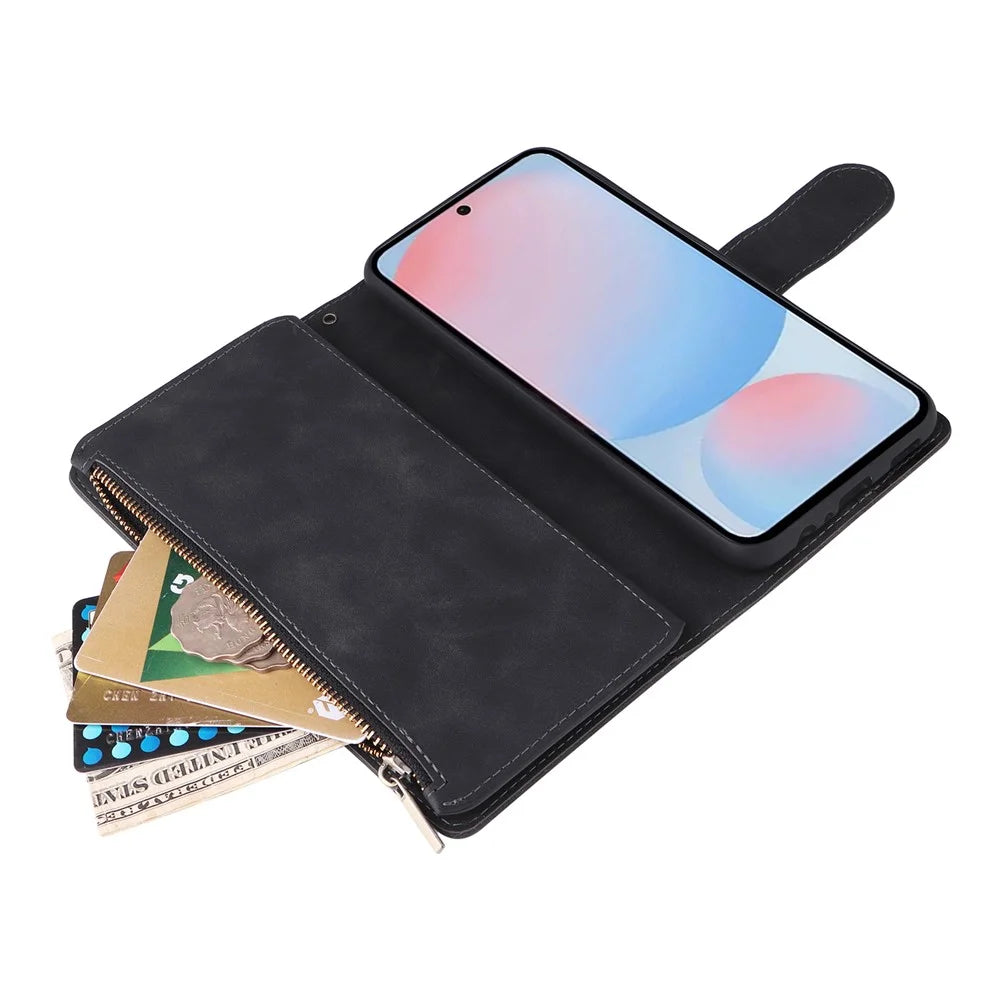 For Samsung Galaxy A56 5G Case Zipper Wallet Multiple Card Slots Leather Phone Cover - Black - 5