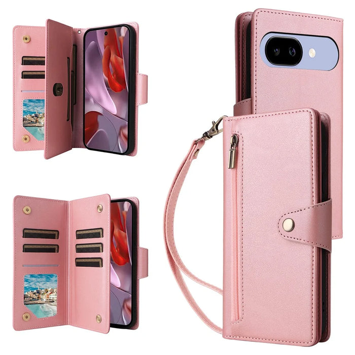 For Google Pixel 9a Case Zipper Wallet Leather Stand Phone Cover Rivet Decor - Rose Gold - 1