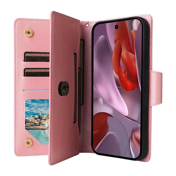 For Google Pixel 9a Case Zipper Wallet Leather Stand Phone Cover Rivet Decor - Rose Gold - 2