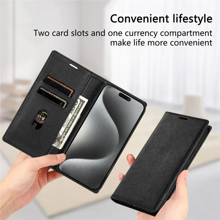For iPhone 17e / 16e Wallet Case Magnetic Closure PU Leather Phone Cover - Black - 4