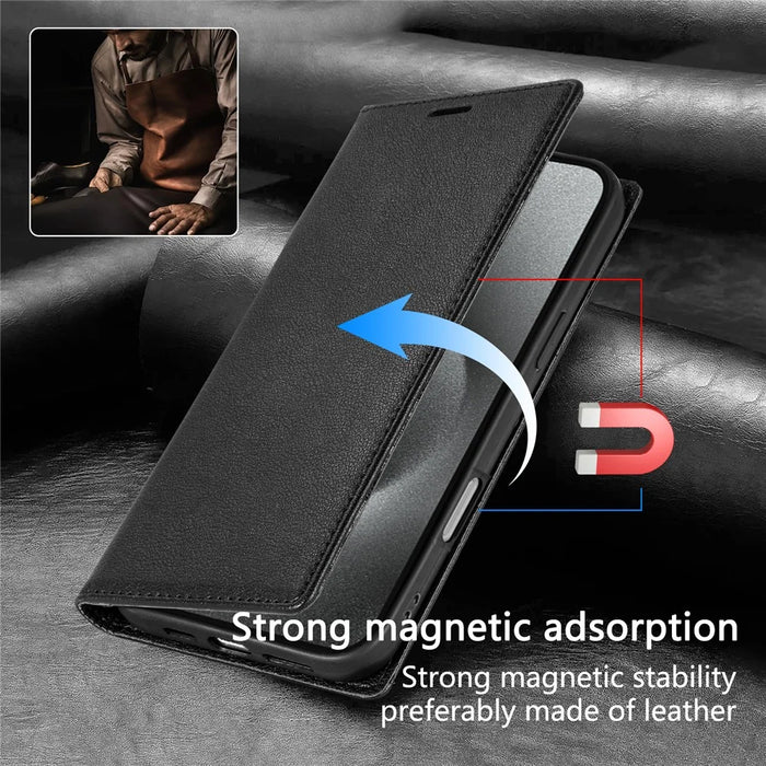 For iPhone 17e / 16e Wallet Case Magnetic Closure PU Leather Phone Cover - Black - 5