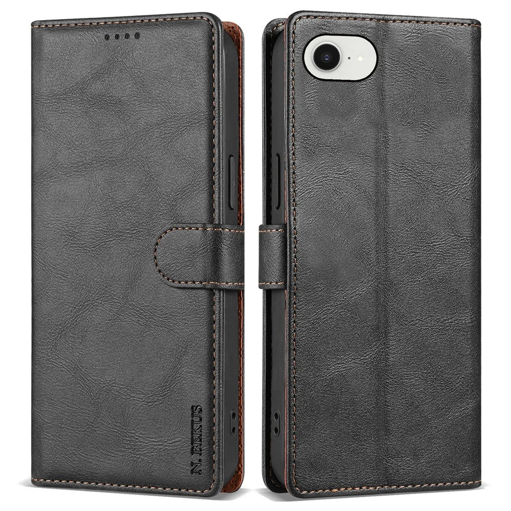 N.BEKUS CSJ-001 For iPhone 17e / 16e Stand Case PU Leather Wallet Phone Cover - Black - 1