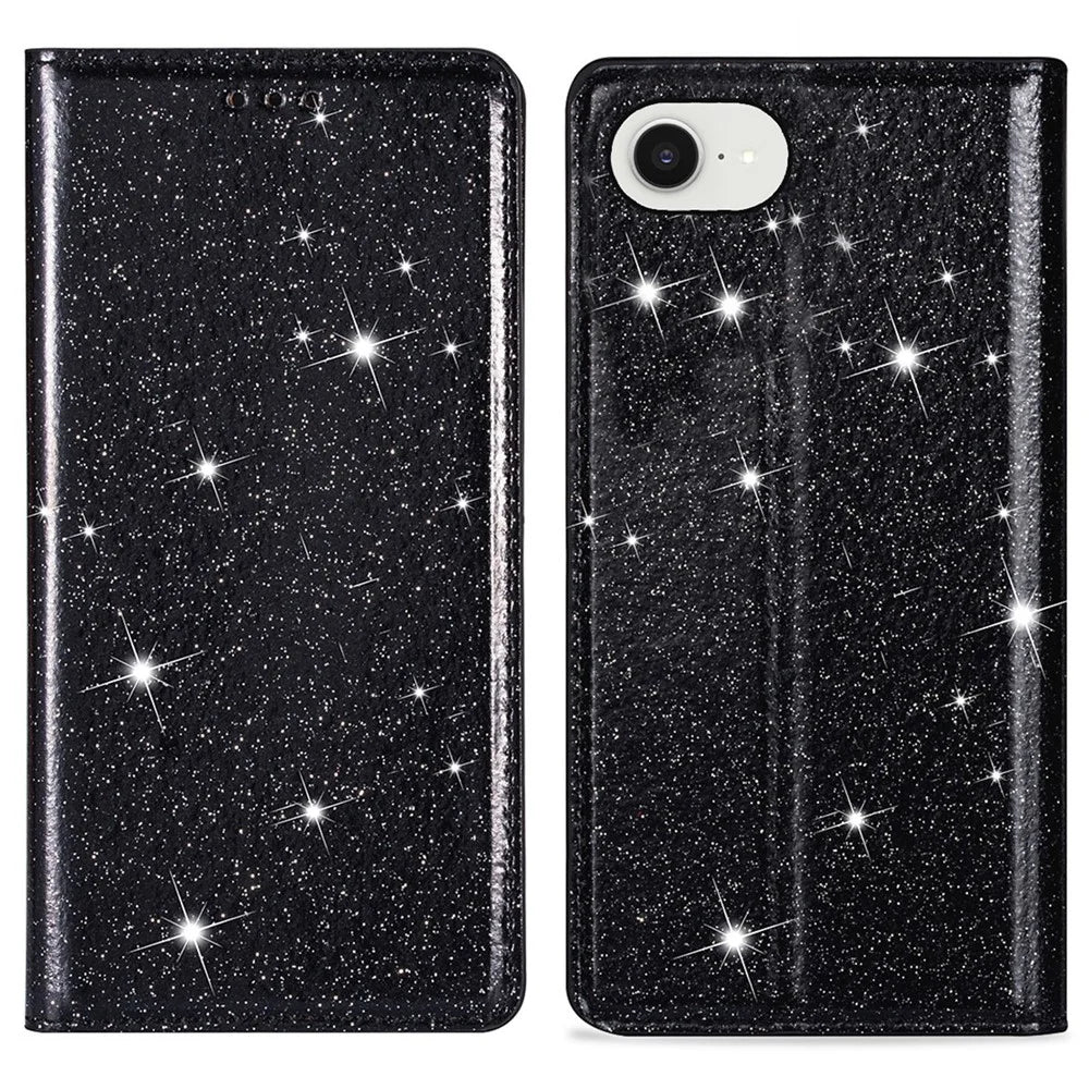 For iPhone 17e / 16e Case Glittery PU Leather + TPU Card Slot Phone Cover - Black - 1